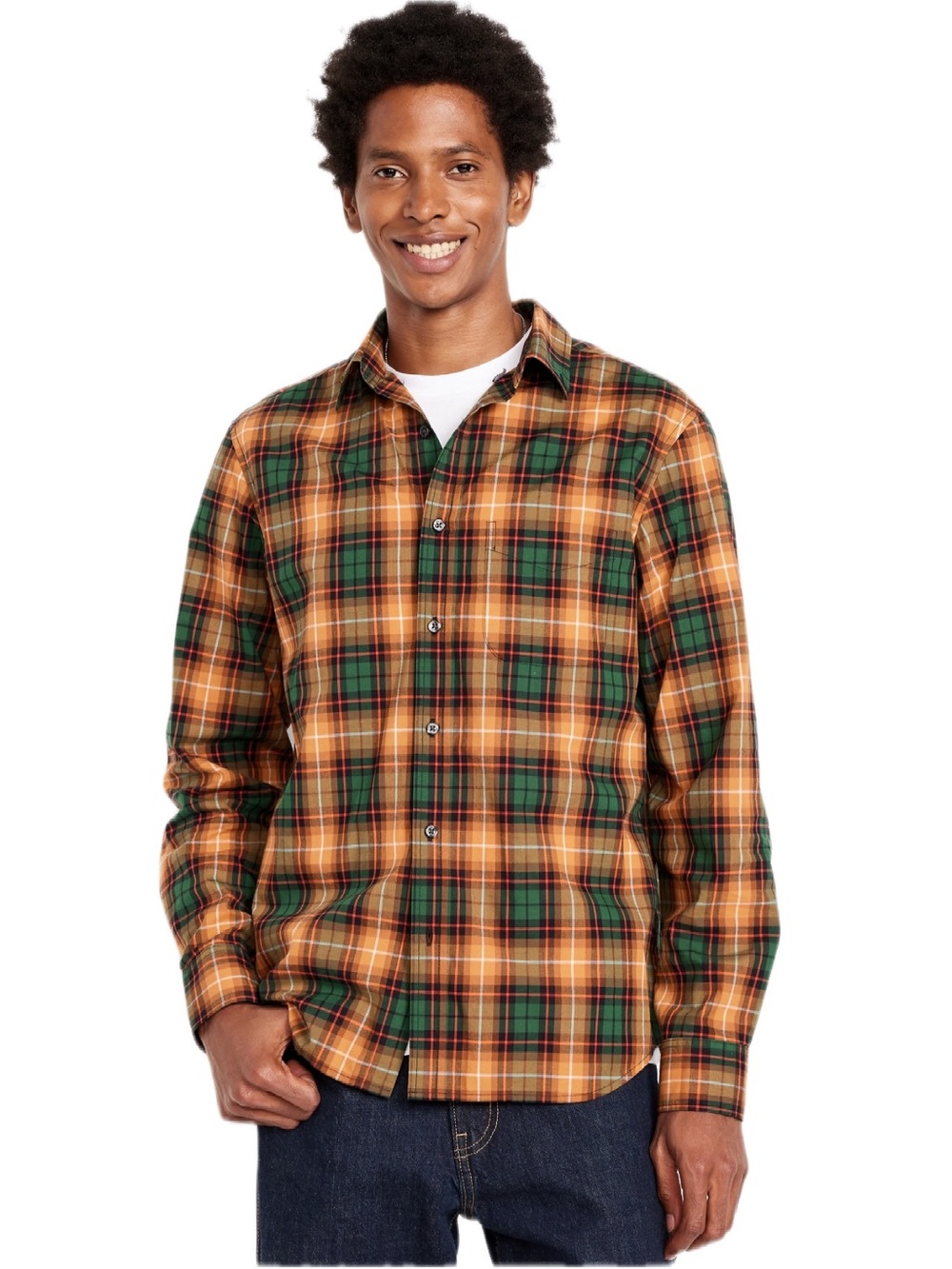 Men's Plaid Button-Up Shirt in Orange and Green